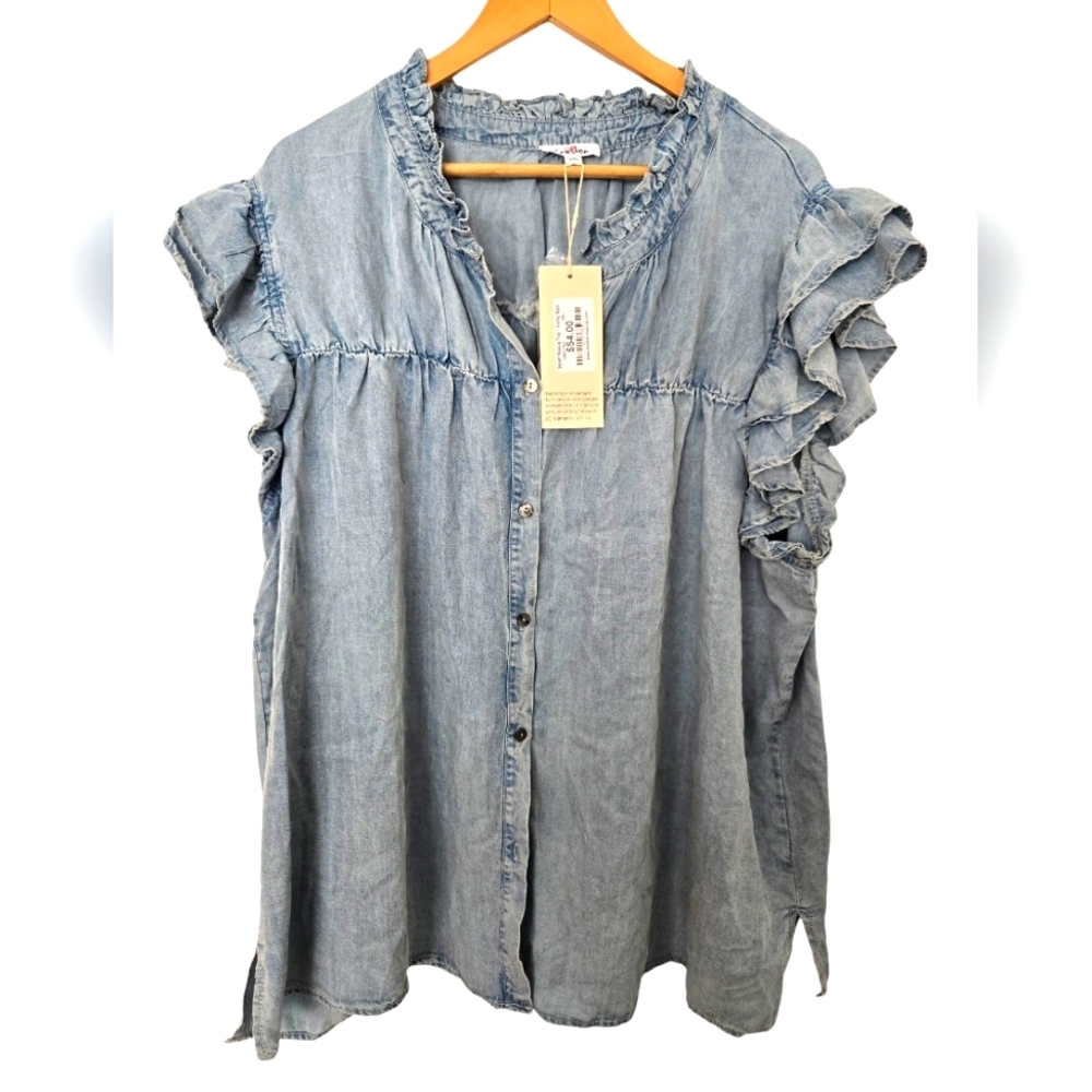 NWT GeeGee Women's Denim Ruffle Sleeve Top Size 3XL